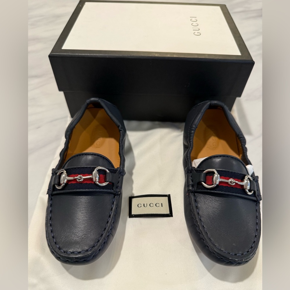 Gucci Navy Loafers with Silver Hardware